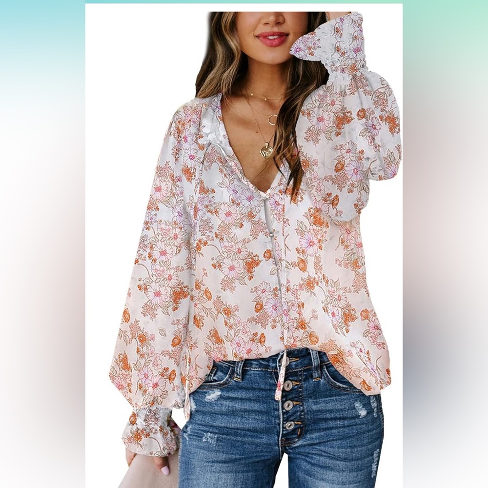 Casual Boho Floral Print V Neck Long Sleeve Drawstring Top size large